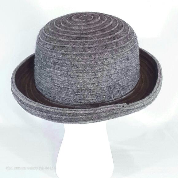 Womens Bowler Hat Ribbed Gray Wool Rolled Brim - Picture 3 of 7